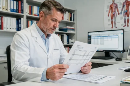 Médecin analysant des résultats de bilan hépatique avec transaminases ASAT et ALAT élevées