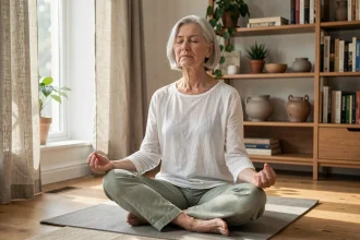 Femme âgée pratiquant la méditation assise sur un tapis de yoga dans un salon chaleureux aux tons naturels