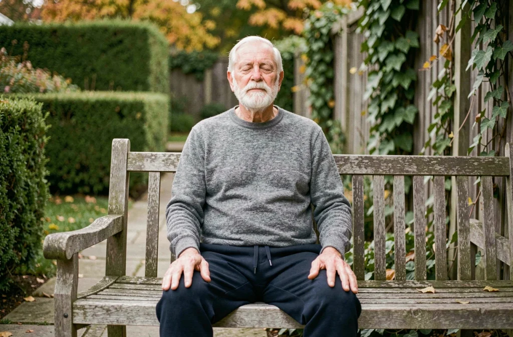 Homme âgé méditant en plein air sur un banc de jardin entouré de verdure en automne