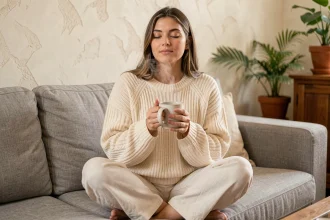 Jeune femme enceinte au premier trimestre buvant une infusion au gingembre pour soulager les nausées matinales