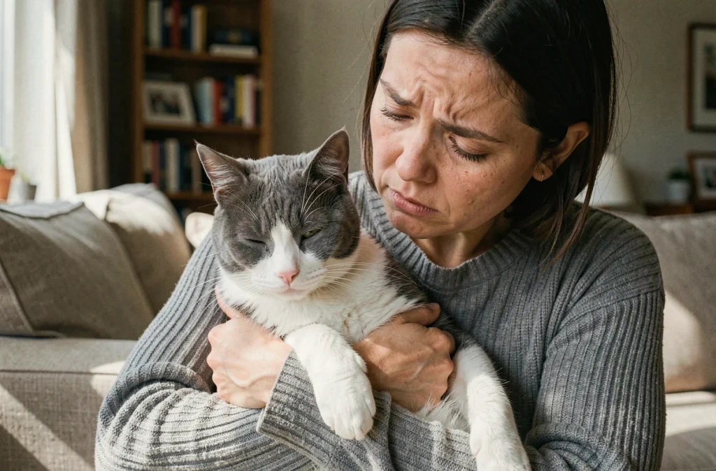 Femme inquiète tenant dans ses bras un chat gris léthargique avec une pupille dilatée à la maison