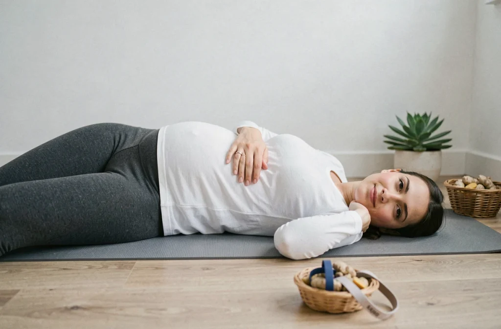 Femme enceinte allongée sur un tapis de yoga utilisant des techniques de relaxation pour gérer les nausées du premier trimestre