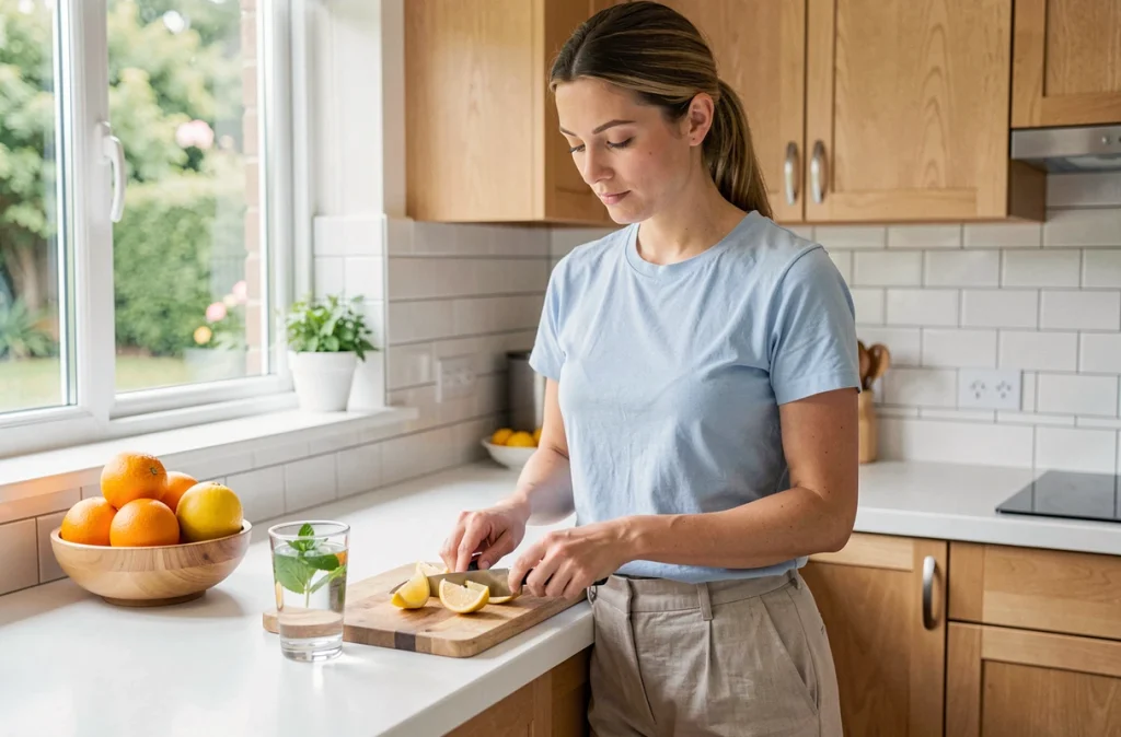 Femme préparant des remèdes naturels contre les nausées du premier trimestre avec citron et menthe fraîche