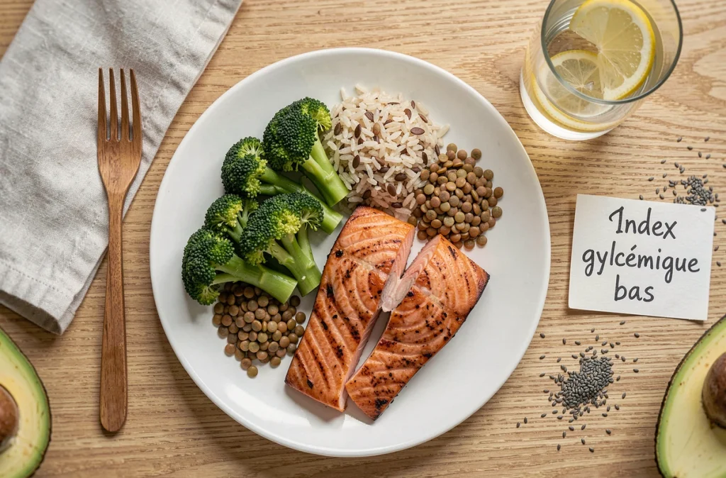 Assiette équilibrée à faible index glycémique recommandée pendant la grossesse pour prévenir le diabète gestationnel