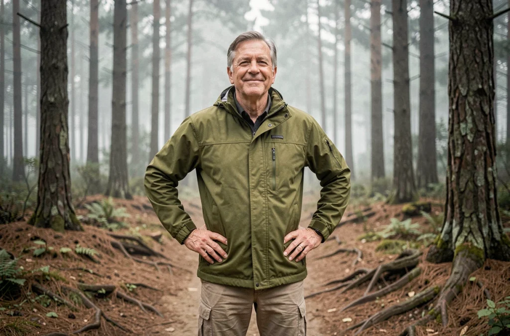 Senior homme faisant une pause sur un sentier forestier lors de sa marche quotidienne en nature