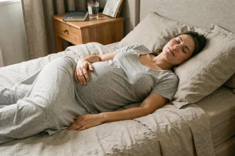 Femme enceinte au deuxième trimestre dormant sur le côté avec un coussin de grossesse dans une chambre cosy