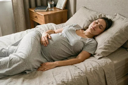 Femme enceinte au deuxième trimestre dormant sur le côté avec un coussin de grossesse dans une chambre cosy