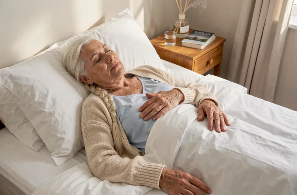 Femme âgée dormant paisiblement dans un lit douillet après une séance de méditation, favorisant un sommeil réparateur