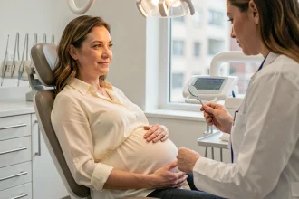Femme enceinte assise dans un fauteuil dentaire lors d'un suivi bucco-dentaire prénatal avec une dentiste attentionnée