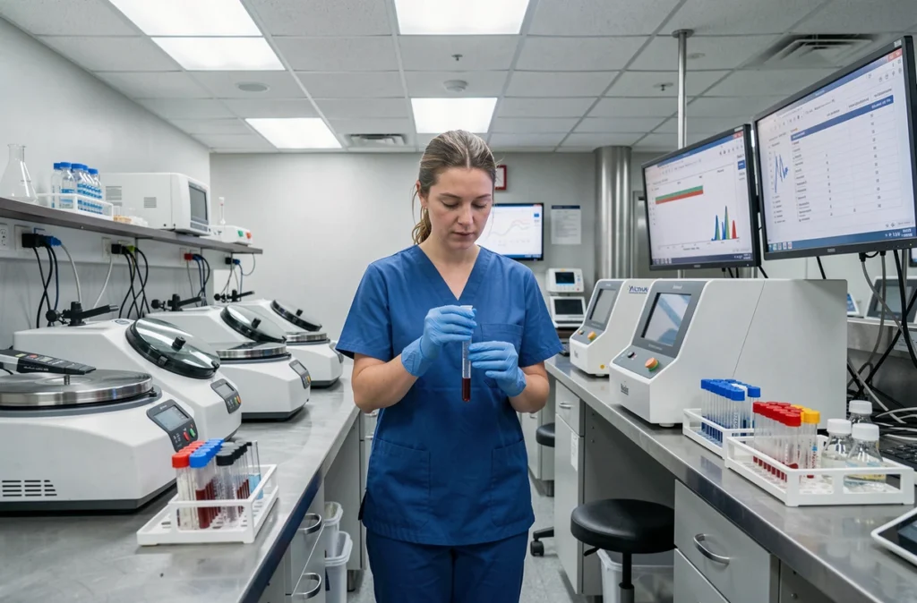 Technicienne de laboratoire manipulant un échantillon sanguin pour dosage des transaminases hépatiques