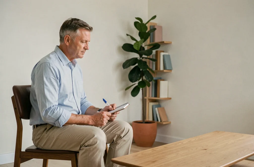 Thérapeute masculin attentif dans un cabinet de consultation minimaliste, illustrant un accompagnement psychologique pour blessures d'enfance et troubles psychosomatiques