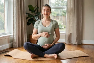 Femme enceinte pratiquant le yoga prénatal doux sur un tapis en liège dans un salon lumineux et chaleureux